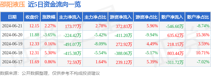 邵阳液压（301079）6月21日主力资金净买入17377万元