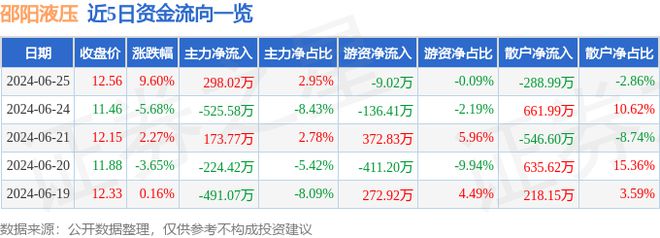 邵阳液压（301079）6月25日主力资金净买入29802万元