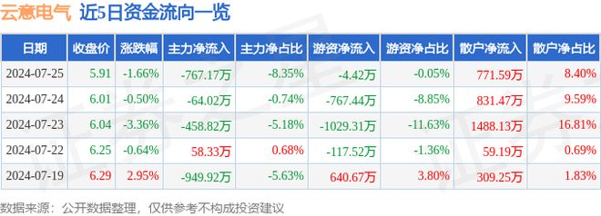 云意电气（300304）7月25日主力资金净卖出76717万元